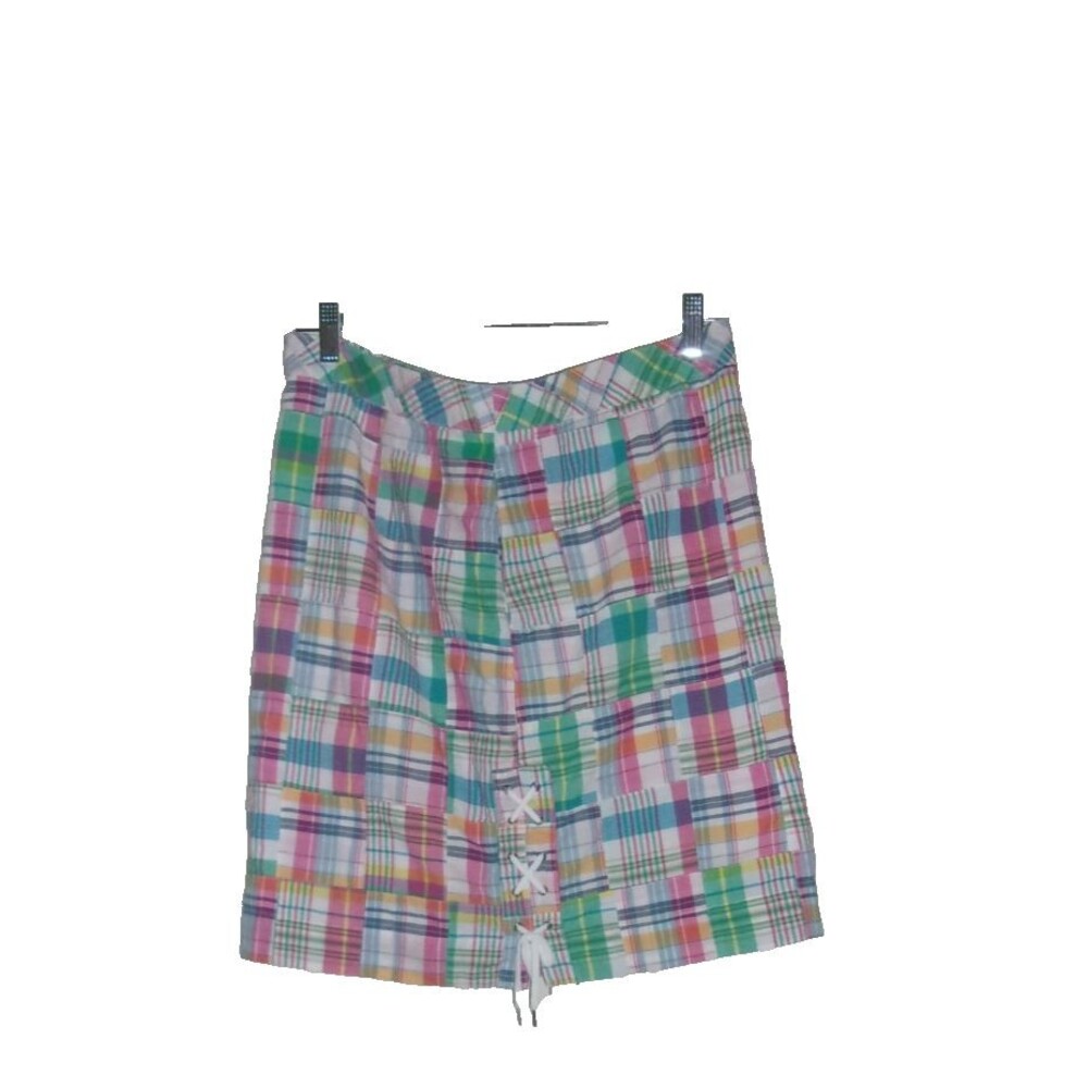 Talbots Womens  Size 12 Patchwork Madras Plaid Skirt Laces  by Front Hem Cotton